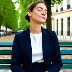 A calm professional woman in modern, modest business casual attire, seated gracefully on a public bench in a quiet, sunlit corner of a Parisian park, engaged in a moment of mindful meditation. Her eyes are gently closed, and a subtle serene expression graces her face. The background features blurred, elegant Haussmann-style buildings and soft greenery, reflecting a harmonious blend of urban life and personal tranquility. Fully clothed, appropriate attire, professional dress, safe for work, appropriate content, family-friendly, perfect anatomy, correct proportions, natural pose, well-formed hands, proper finger count, natural body proportions, professional studio photography, cinematic lighting, ultra-detailed, high quality.
