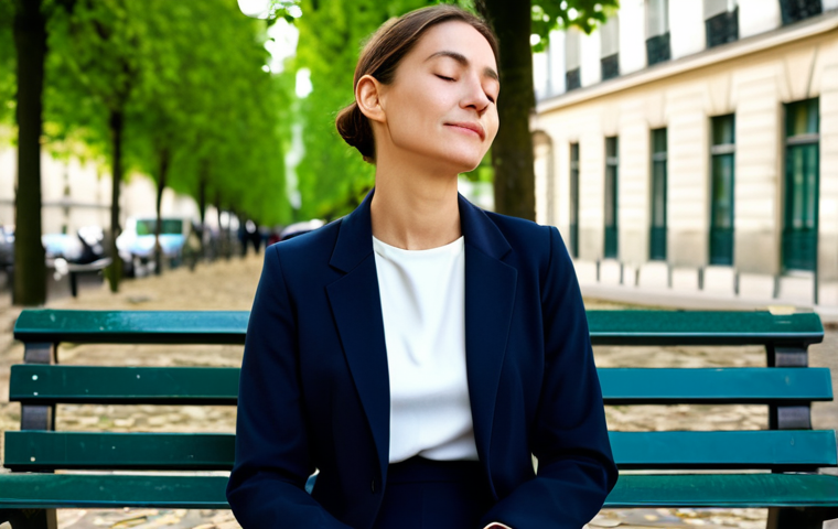 A calm professional woman in modern, modest business casual attire, seated gracefully on a public bench in a quiet, sunlit corner of a Parisian park, engaged in a moment of mindful meditation. Her eyes are gently closed, and a subtle serene expression graces her face. The background features blurred, elegant Haussmann-style buildings and soft greenery, reflecting a harmonious blend of urban life and personal tranquility. Fully clothed, appropriate attire, professional dress, safe for work, appropriate content, family-friendly, perfect anatomy, correct proportions, natural pose, well-formed hands, proper finger count, natural body proportions, professional studio photography, cinematic lighting, ultra-detailed, high quality.