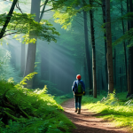 A serene person, fully clothed in modest, comfortable outdoor attire suitable for hiking, standing calmly amidst a lush, verdant forest. The soft, dappled sunlight filters through the canopy of tall trees, illuminating a winding path covered with leaves. A sense of deep tranquility pervades the scene, with subtle hints of mist rising from the forest floor. The atmosphere is quiet and peaceful, evoking connection with nature. Professional photography, perfect anatomy, correct proportions, natural pose, well-formed hands, proper finger count, natural body proportions, high detail, sharp focus, vibrant natural colors, safe for work, appropriate content, family-friendly.