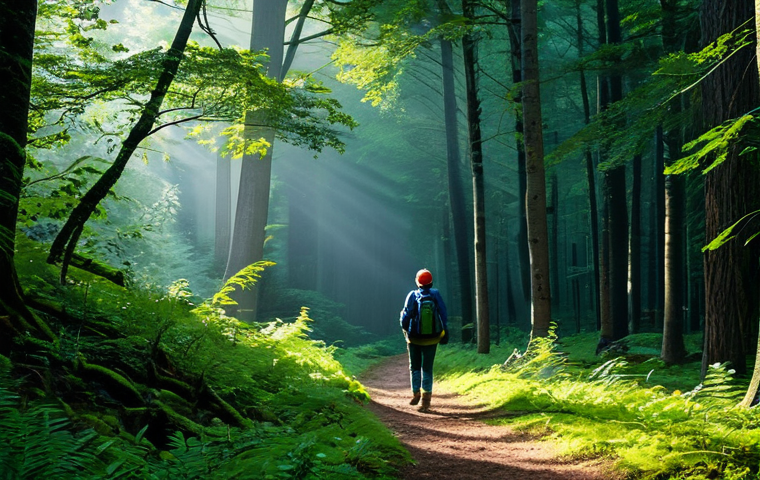 A serene person, fully clothed in modest, comfortable outdoor attire suitable for hiking, standing calmly amidst a lush, verdant forest. The soft, dappled sunlight filters through the canopy of tall trees, illuminating a winding path covered with leaves. A sense of deep tranquility pervades the scene, with subtle hints of mist rising from the forest floor. The atmosphere is quiet and peaceful, evoking connection with nature. Professional photography, perfect anatomy, correct proportions, natural pose, well-formed hands, proper finger count, natural body proportions, high detail, sharp focus, vibrant natural colors, safe for work, appropriate content, family-friendly.