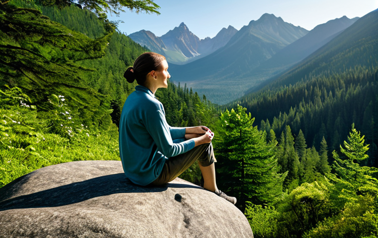 A tranquil adult figure, gender-neutral, seated gracefully on a smooth rock amidst a serene, lush green forest with distant majestic mountains in the background. The person is fully clothed in modest, comfortable outdoor attire suitable for hiking, perhaps a layered top and sturdy pants. Sunlight gently filters through the canopy, illuminating the scene. The atmosphere is peaceful and introspective, capturing the essence of deep disconnection and natural harmony.
* **Quality Modifiers:** Perfect anatomy, correct proportions, natural pose, well-formed hands, proper finger count, natural body proportions, professional photography, high resolution, soft natural light, calming ambiance, focus on serenity, safe for work, appropriate content, fully clothed, modest clothing, family-friendly.
