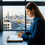 A thoughtful individual, fully clothed in modest business casual attire, gently writing in a leather-bound journal with a classic pen. They are seated at a clean, elegant desk in a bright, modern office with large windows overlooking a serene city view. Soft, natural light illuminates the scene, casting gentle shadows. The atmosphere is quiet and focused, emphasizing deep introspection and the clarity brought by the act of journaling. professional photography, high detail, perfect anatomy, correct proportions, natural pose, well-formed hands, proper finger count, natural body proportions, crisp focus, clear composition, safe for work, appropriate content, fully clothed, professional dress, family-friendly.