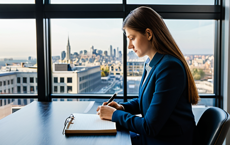 A thoughtful individual, fully clothed in modest business casual attire, gently writing in a leather-bound journal with a classic pen. They are seated at a clean, elegant desk in a bright, modern office with large windows overlooking a serene city view. Soft, natural light illuminates the scene, casting gentle shadows. The atmosphere is quiet and focused, emphasizing deep introspection and the clarity brought by the act of journaling. professional photography, high detail, perfect anatomy, correct proportions, natural pose, well-formed hands, proper finger count, natural body proportions, crisp focus, clear composition, safe for work, appropriate content, fully clothed, professional dress, family-friendly.