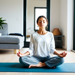 Meditation in a Modern Living Room**

A woman in comfortable, loose-fitting clothing, fully clothed, is sitting cross-legged on a yoga mat in a bright, modern living room. Sunlight streams through a large window. She is meditating with her eyes closed, a serene expression on her face. Minimalist decor, indoor plants. safe for work, appropriate content, professional, perfect anatomy, correct proportions, well-formed hands, proper finger count, natural pose, family-friendly.

**