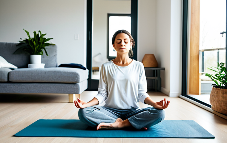 Meditation in a Modern Living Room**
A woman in comfortable, loose-fitting clothing, fully clothed, is sitting cross-legged on a yoga mat in a bright, modern living room. Sunlight streams through a large window. She is meditating with her eyes closed, a serene expression on her face. Minimalist decor, indoor plants. safe for work, appropriate content, professional, perfect anatomy, correct proportions, well-formed hands, proper finger count, natural pose, family-friendly.
**
