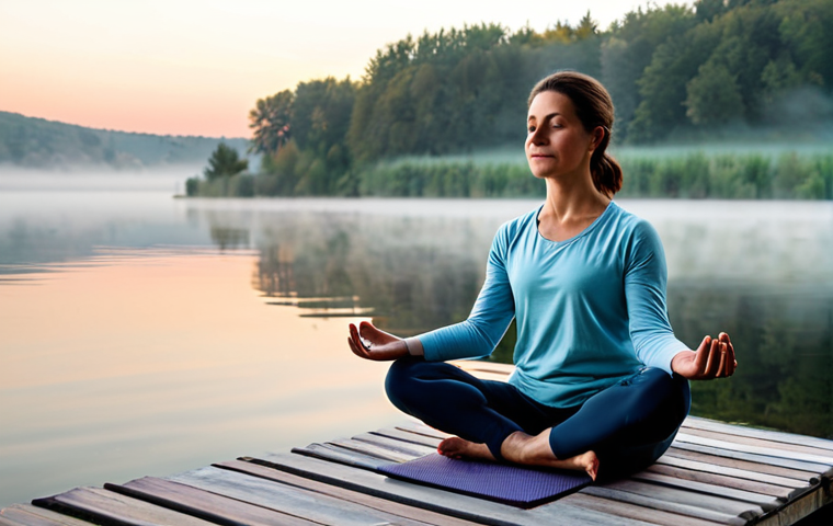 명상적 여행으로 인한 변화 기록하기 - Serene Lakeside Yoga**

"A woman in comfortable, modest yoga attire, practicing yoga at sunrise on a...