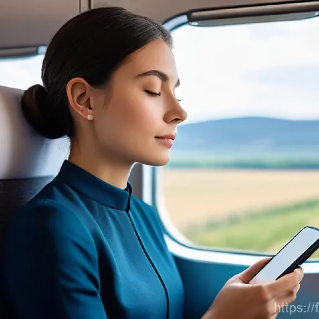 명상적 여행 중 유용한 도구와 앱 - A serene individual in their late 20s, with short, neat hair, meditating peacefully on a high-speed ...