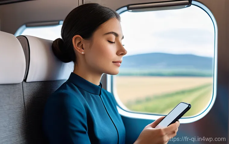 명상적 여행 중 유용한 도구와 앱 - A serene individual in their late 20s, with short, neat hair, meditating peacefully on a high-speed ...