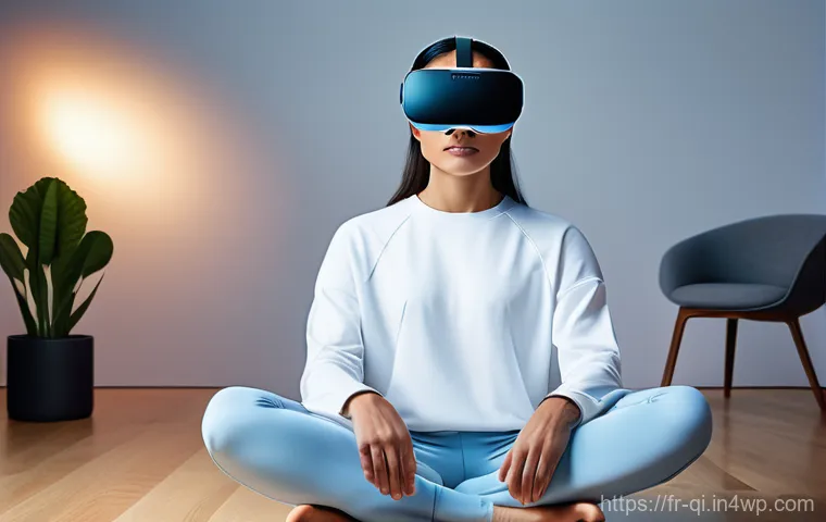 명상적 여행 중 유용한 도구와 앱 - A person in their early 30s, with a warm, gentle smile, enjoying a guided relaxation session in a co... 명상적 여행 중 유용한 도구와 앱 - A person in their early 30s, with a warm, gentle smile, enjoying a guided relaxation session in a co...