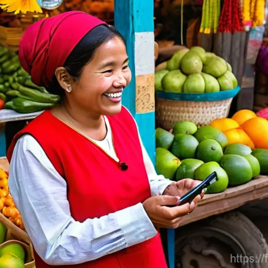 명상적 여행을 위한 언어 장벽 넘기 - **Prompt 1: A joyful exchange at a bustling market facilitated by technology.**
    Create an image ...