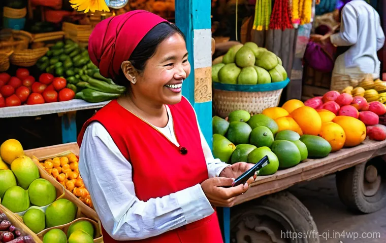 명상적 여행을 위한 언어 장벽 넘기 - **Prompt 1: A joyful exchange at a bustling market facilitated by technology.**
    Create an image ...
