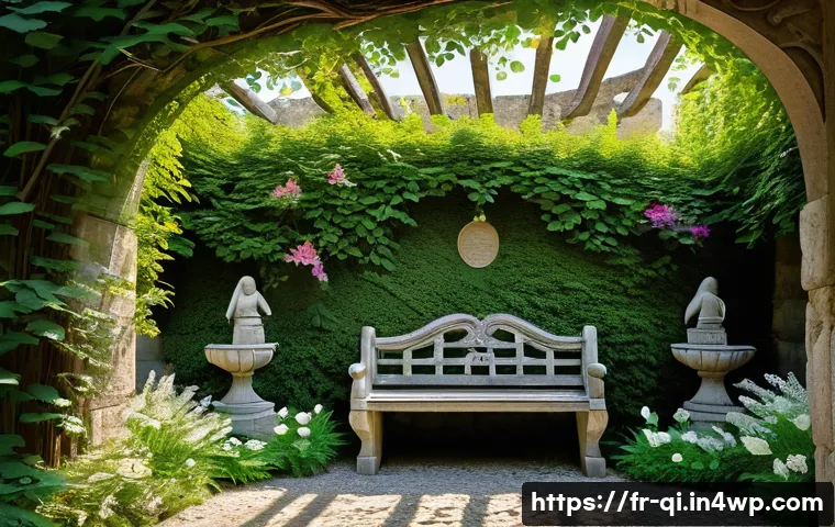 명상적 여행의 포토 스팟 소개 - A serene secret garden in a French city, surrounded by tall ancient stone walls and hidden behind a ...