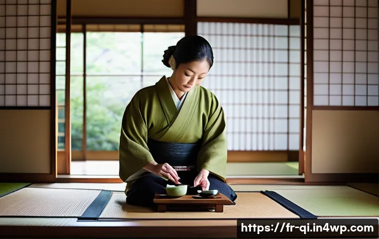 명상적 여행의 문화적 측면 - A serene scene of a traditional Japanese tea ceremony in a tatami room, featuring a middle-aged woma...