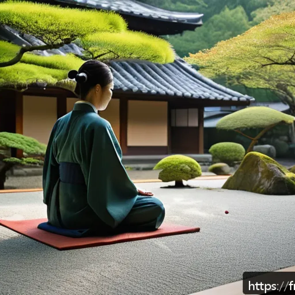명상적 여행의 문화적 교류 - A serene scene of a traditional Japanese Zen garden in Kyoto during early morning light, featuring m...