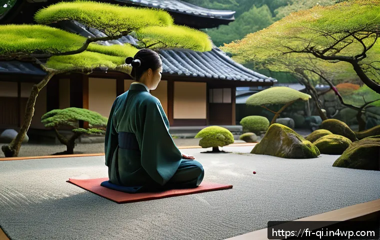명상적 여행의 문화적 교류 - A serene scene of a traditional Japanese Zen garden in Kyoto during early morning light, featuring m...