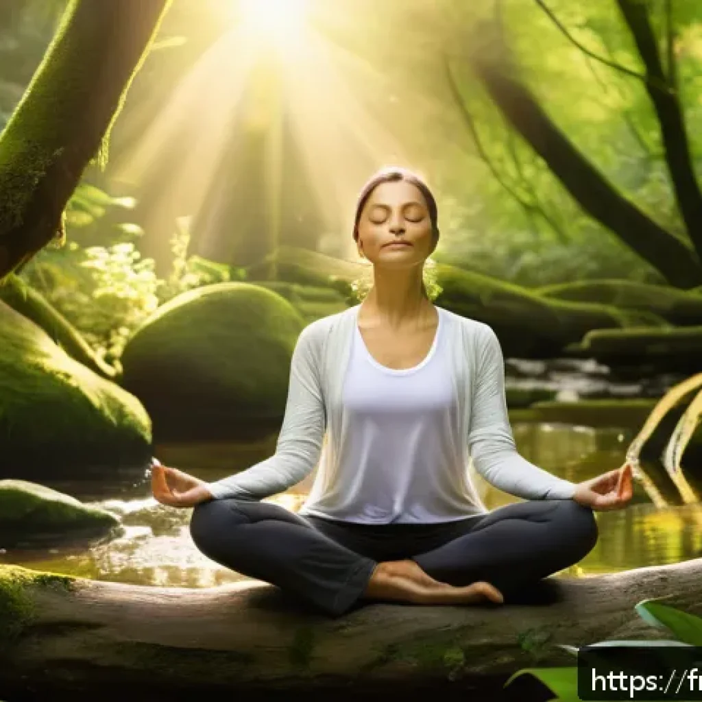 명상적 여행의 심리적 이점 - A serene forest scene at dawn featuring a meditating adult woman sitting cross-legged on a soft moss...