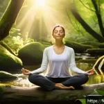 Home 18 명상적 여행의 심리적 이점 - A serene forest scene at dawn featuring a meditating adult woman sitting cross-legged on a soft moss...