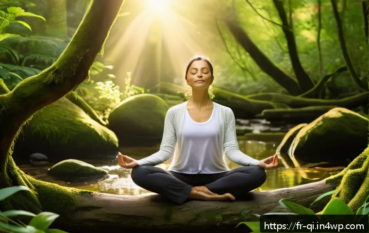 명상적 여행의 심리적 이점 - A serene forest scene at dawn featuring a meditating adult woman sitting cross-legged on a soft moss...