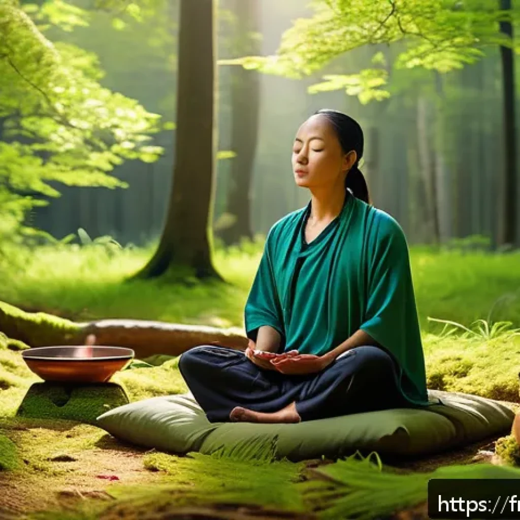 명상적 여행을 위한 자원 찾기 - A serene meditation scene in the Jura forest region of France during early morning light, featuring ...
