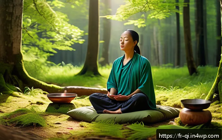 명상적 여행을 위한 자원 찾기 - A serene meditation scene in the Jura forest region of France during early morning light, featuring ...
