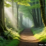 명상적 여행의 물리적 조건 - A serene dense forest scene in the French countryside during early morning light, showcasing towerin...