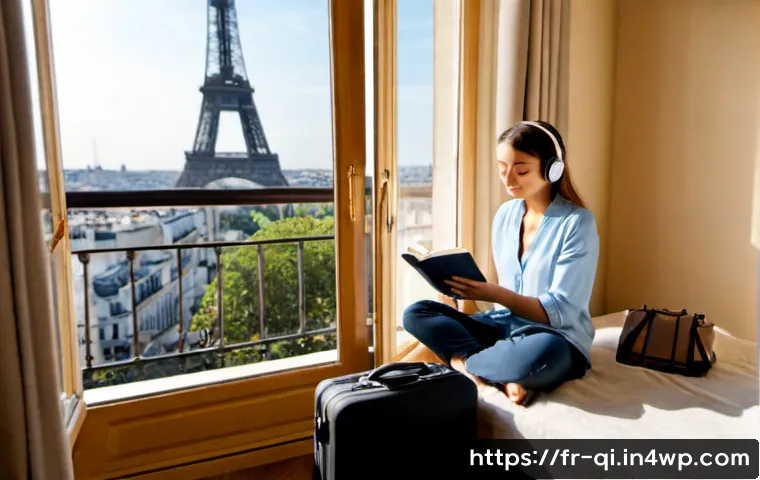 명상적 여행을 위한 멘탈 관리 - Photorealistic serene travel preparation scene in a sunlit Paris apartment, a calm adult traveler se...