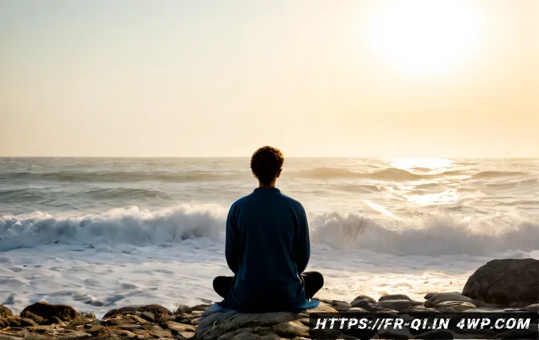 명상적 여행의 주제로 한 영상 제작 - Photorealistic cinematic scene of a solo traveler meditating on a quiet rocky shoreline in Brittany,...
